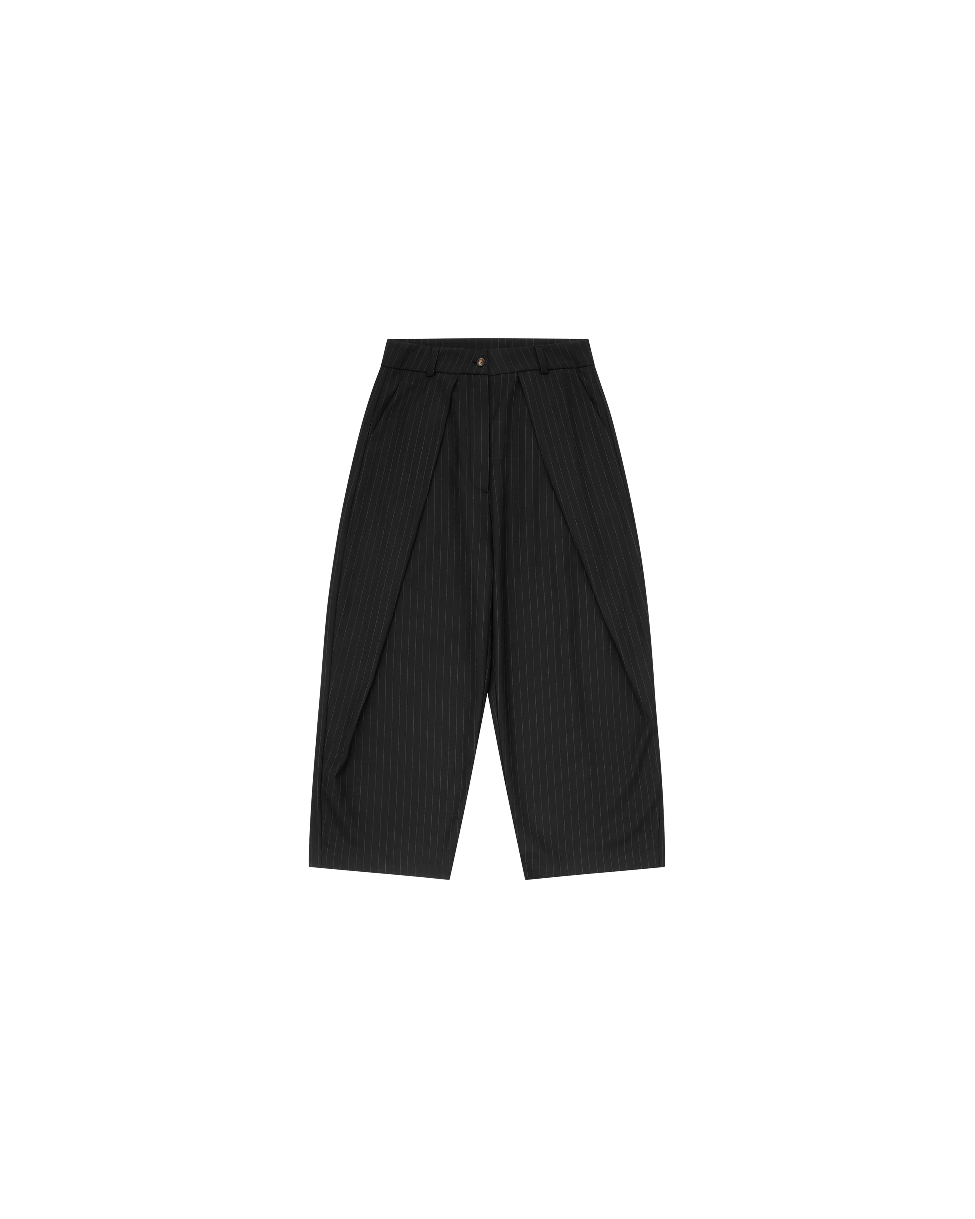 Sūtsu Diamond Pleated Wool Blend Black Pinstripe Trousers
