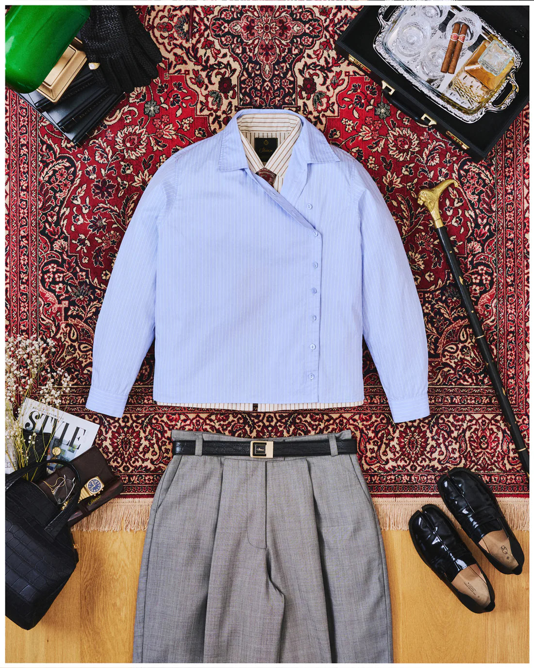 Hattori Asymmetrical Blue Pinstripe Button Up Shirting