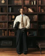 Sūtsu Diamond Pleated Wool Blend Black Pinstripe Trousers